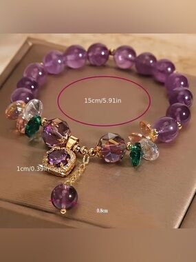 Purple Amethyst Bead Bracelet with Gold Accents and Multi Crystal Charms